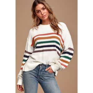 Lulus Heart to Heart Ivory Multi Striped Sweater L